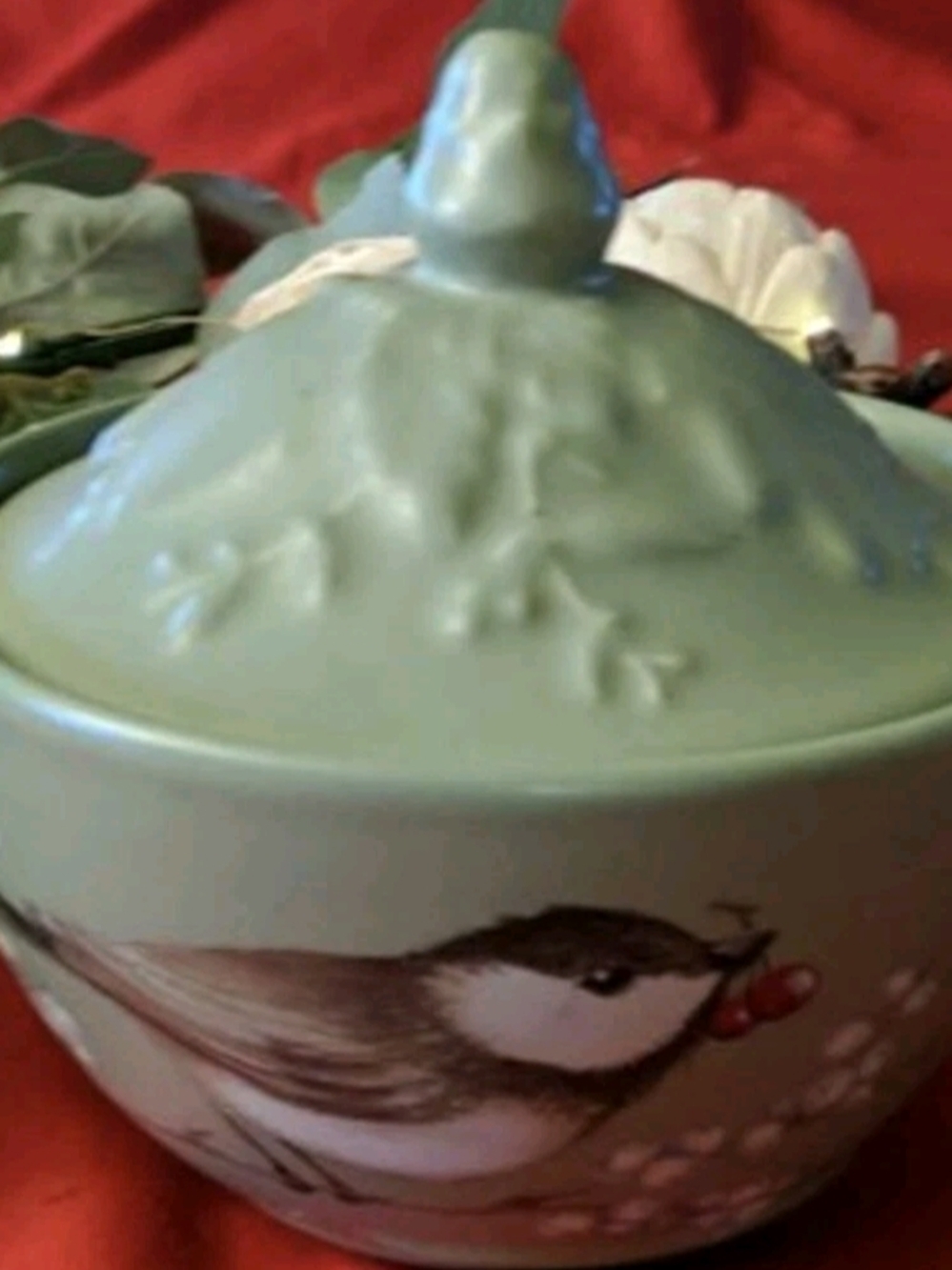 Pfaltzgraph Portfolio "Winterwood" Green Chickadee Covered Sugar Bowl $49